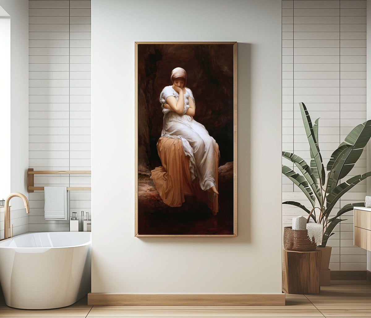 Framed art print of Solitude by Frederic Leighton, in a bathroom beside a freestanding tub