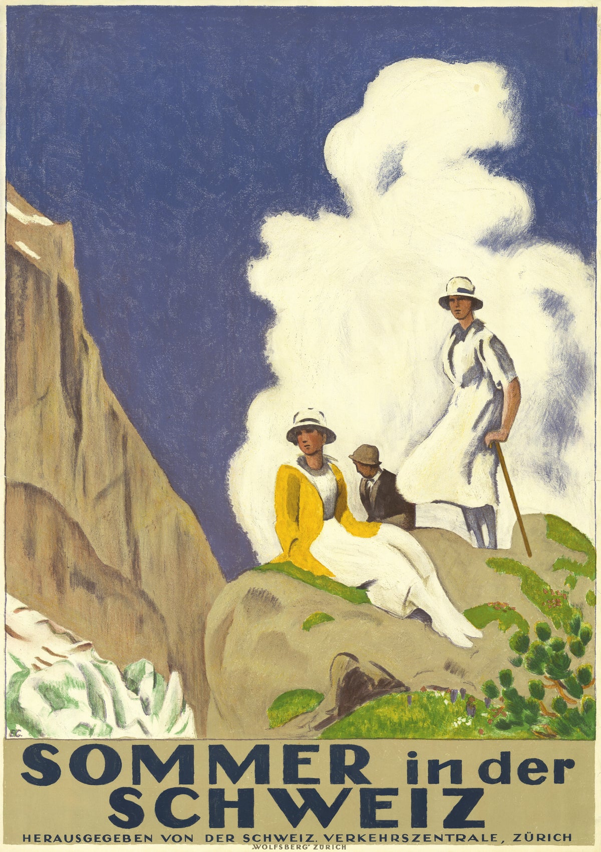Sommer in der Schweiz by Emil Cardinaux — Three walkers rest on a boulder beneath a huge white cloud