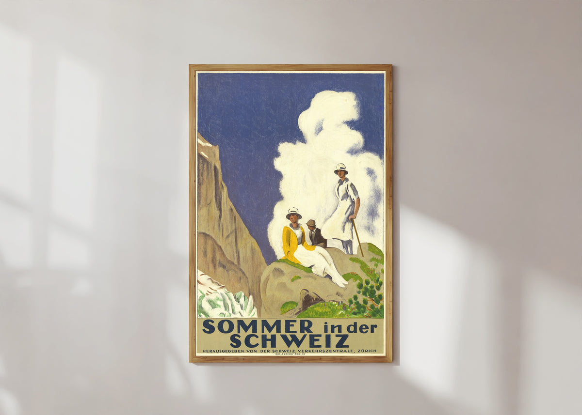 Framed art print of Sommer in der Schweiz by Emil Cardinaux, in a light wood frame on a sunlit white wall