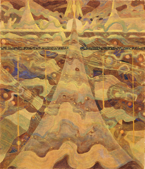Sonata No. 6 (Sonata of the Stars). Allegro by Mikalojus Konstantinas Čiurlionis — A winged figure crowns a tower of light rising through starry space