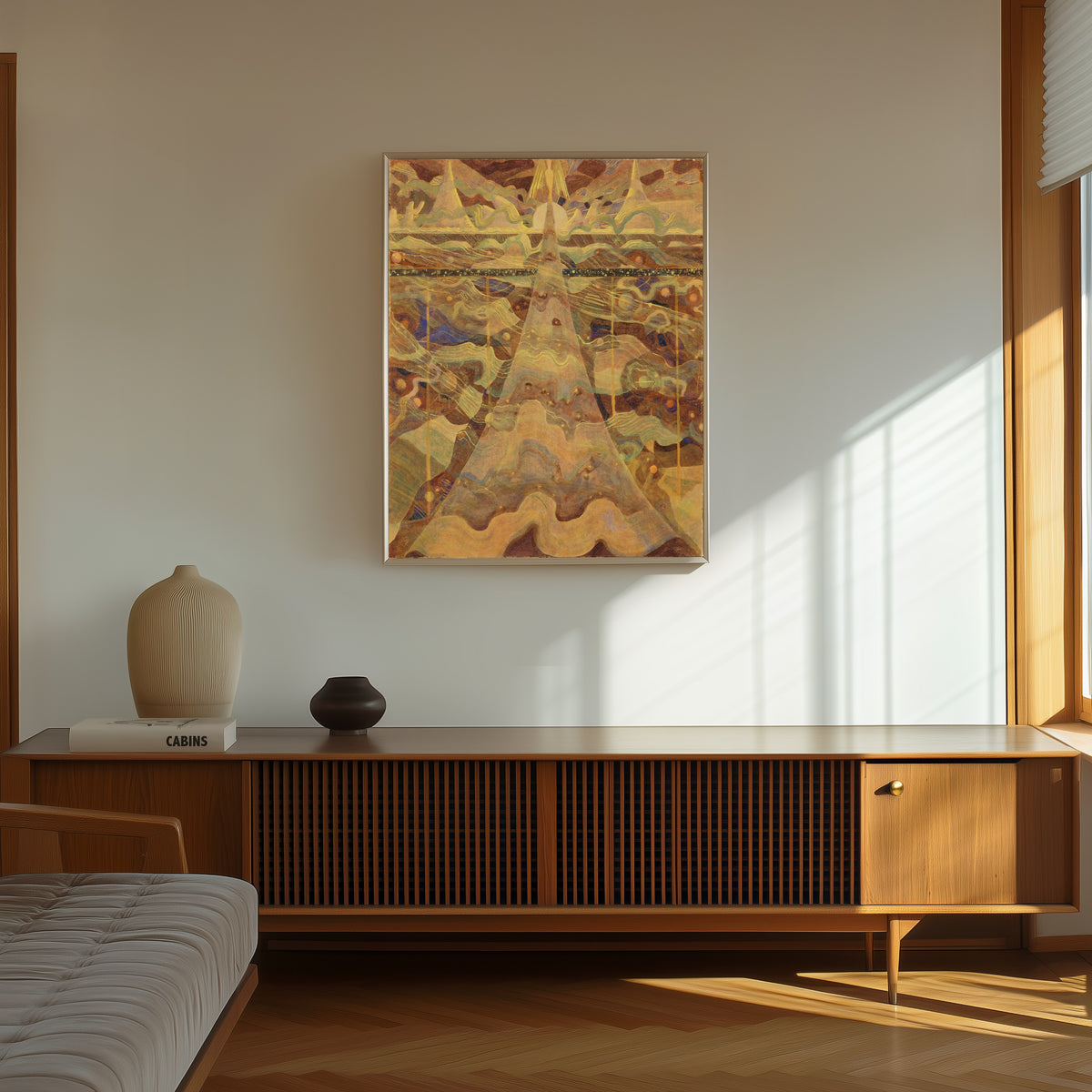 Framed art print of Sonata No. 6 (Sonata of the Stars).… by Mikalojus Konstantinas Čiurlionis, in a thin light frame on a sunlit wall above a wooden sideboard