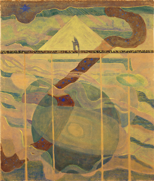 Sonata No. 6 (Sonata of the Stars). Andante by Mikalojus Konstantinas Čiurlionis — A starry ribbon winds from a pale pyramid to a great green sphere