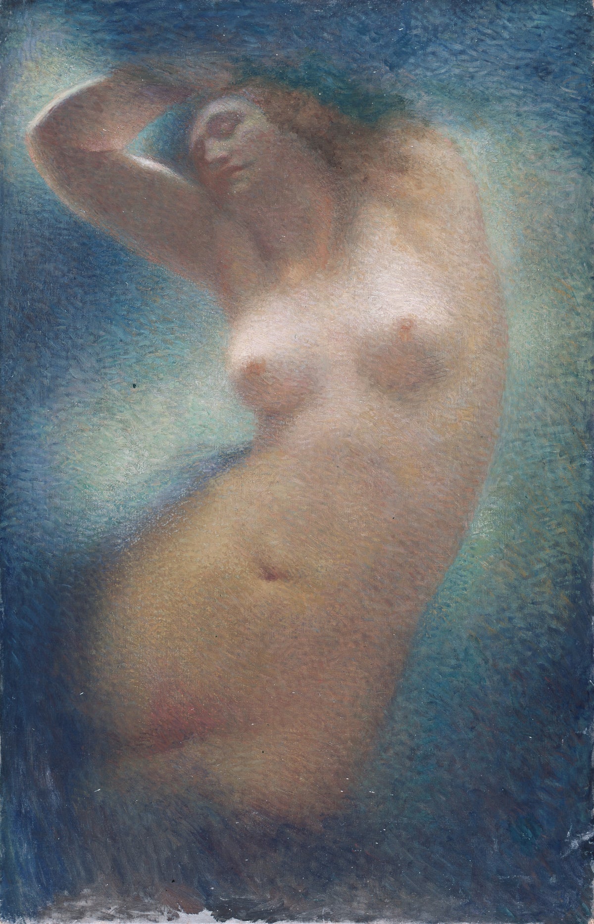 Sonate au clair de lune by Lucien Lévy-Dhurmer — A woman with eyes closed lifts one arm above her head in a blue haze
