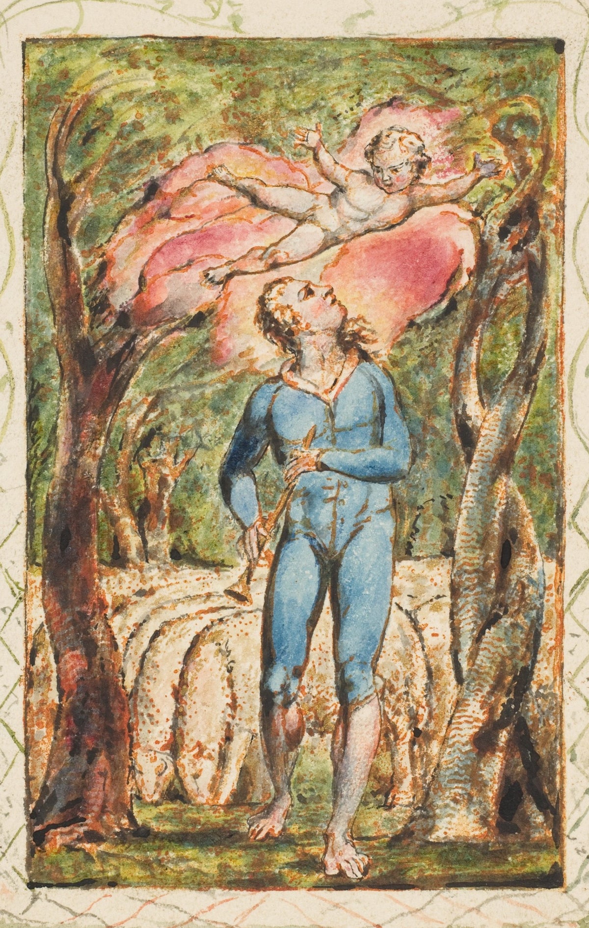 Songs of Innocence: Frontispiece by William Blake — A shepherd with a pipe looks up at a child floating on a pink cloud
