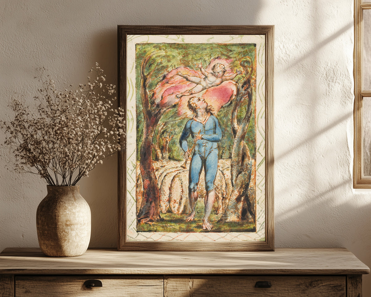 Framed art print of Songs of Innocence: Frontispiece by William Blake, in a dark wood frame leaning on a rustic console beside dried flowers