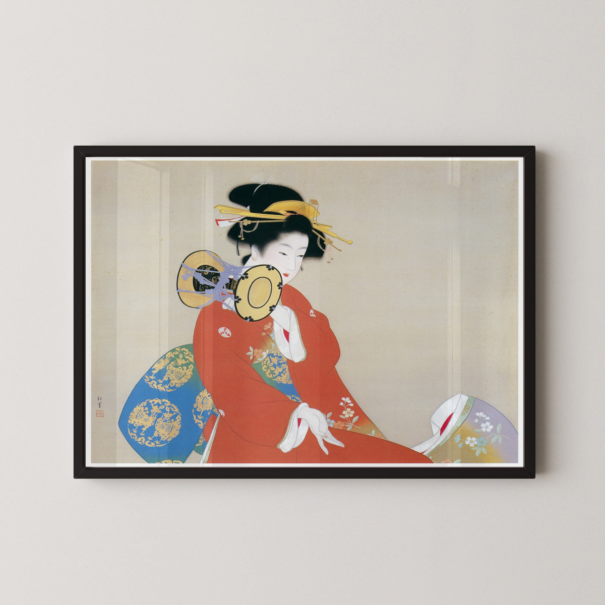 Sound of the Drum (Tsuzumi no ne) by Uemura Shōen — shown framed on a wall