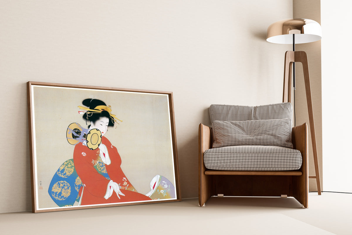 Sound of the Drum (Tsuzumi no ne) by Uemura Shōen — shown framed on a wall