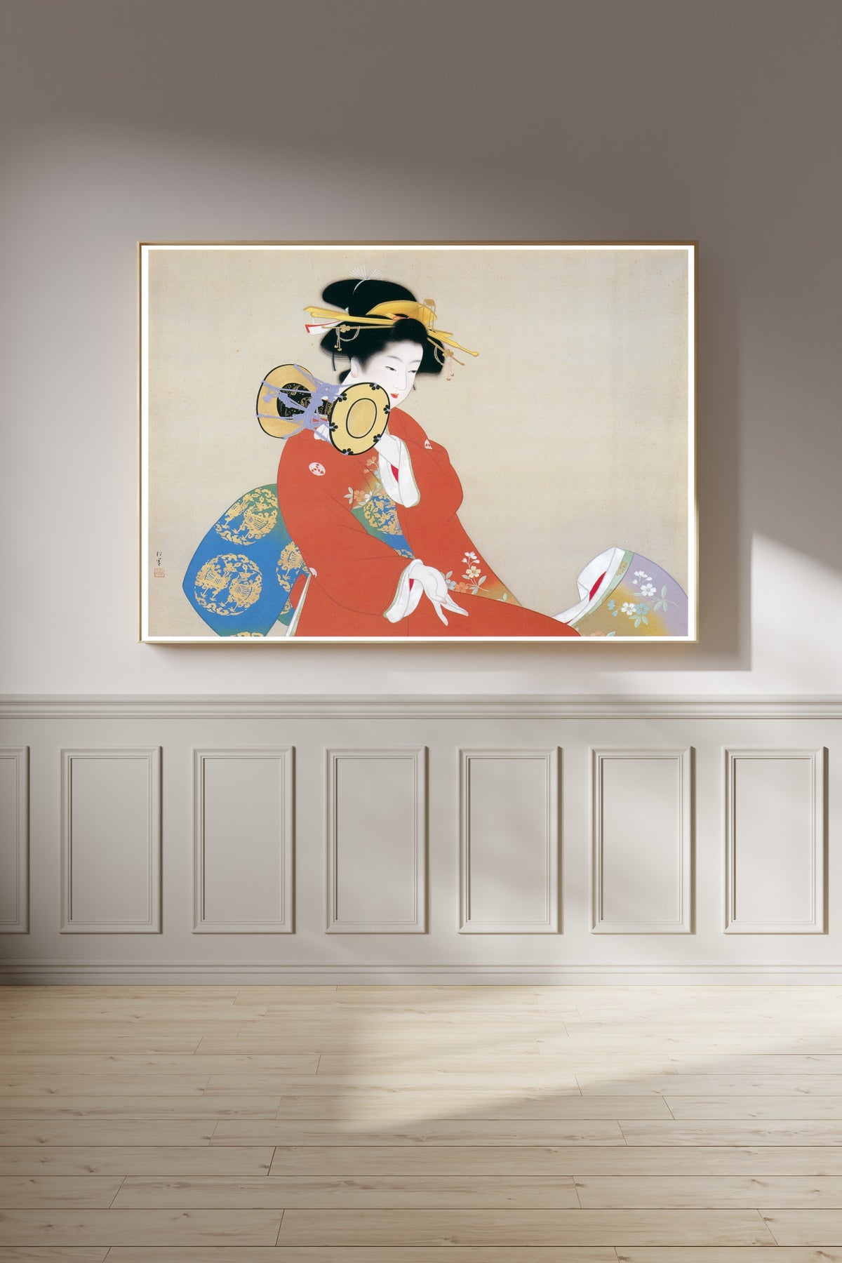 Sound of the Drum (Tsuzumi no ne) by Uemura Shōen — shown framed on a wall