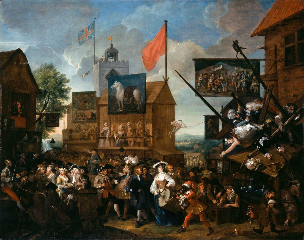 Southwark Fair by William Hogarth — A fairground crowd beneath a church tower as a stage collapses
