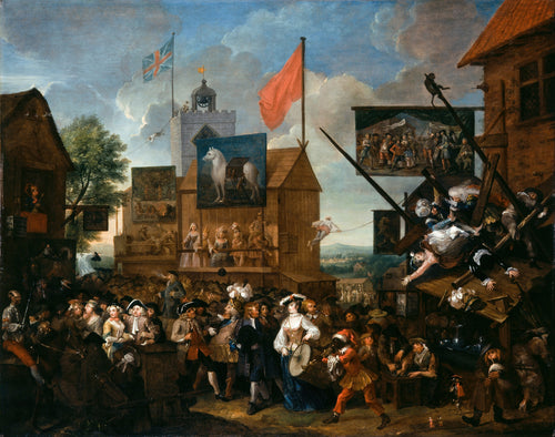Southwark Fair by William Hogarth — A fairground crowd beneath a church tower as a stage collapses