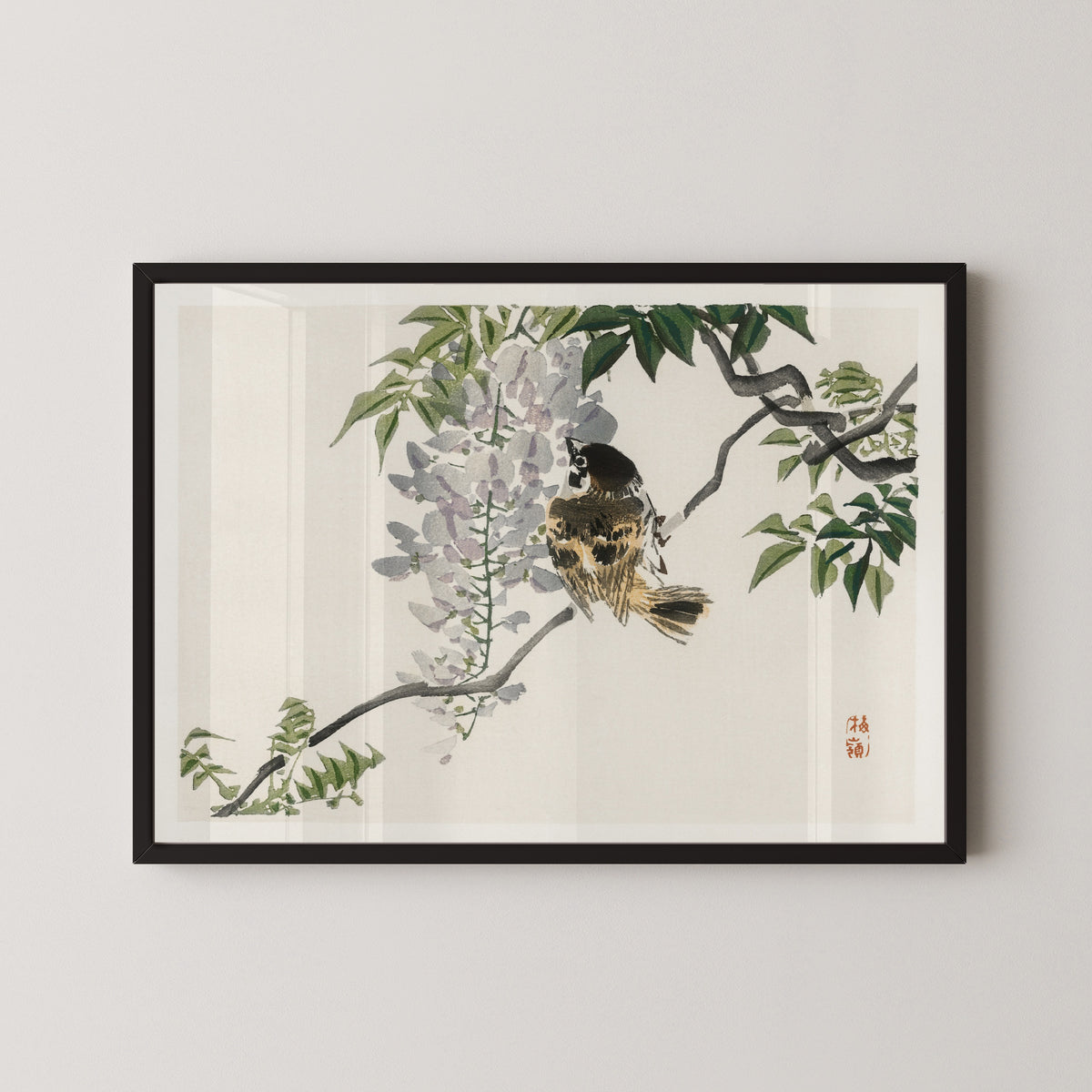 Kōno Bairei — Sparrow on a branch | Japanese Bird & Flower Woodblock Print