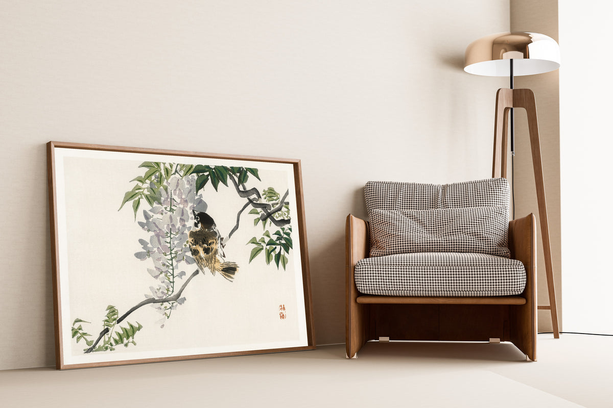Kōno Bairei — Sparrow on a branch | Japanese Bird & Flower Woodblock Print
