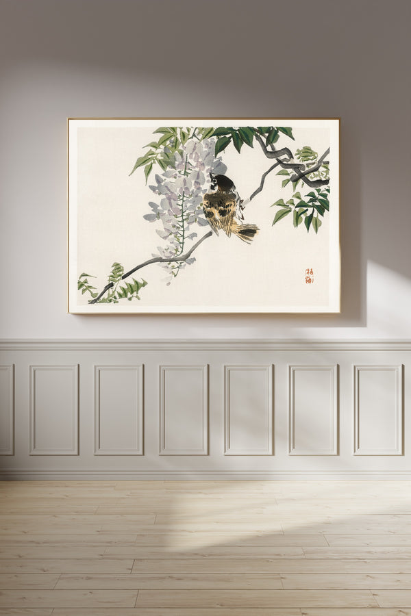 Kōno Bairei — Sparrow on a branch | Japanese Bird & Flower Woodblock Print
