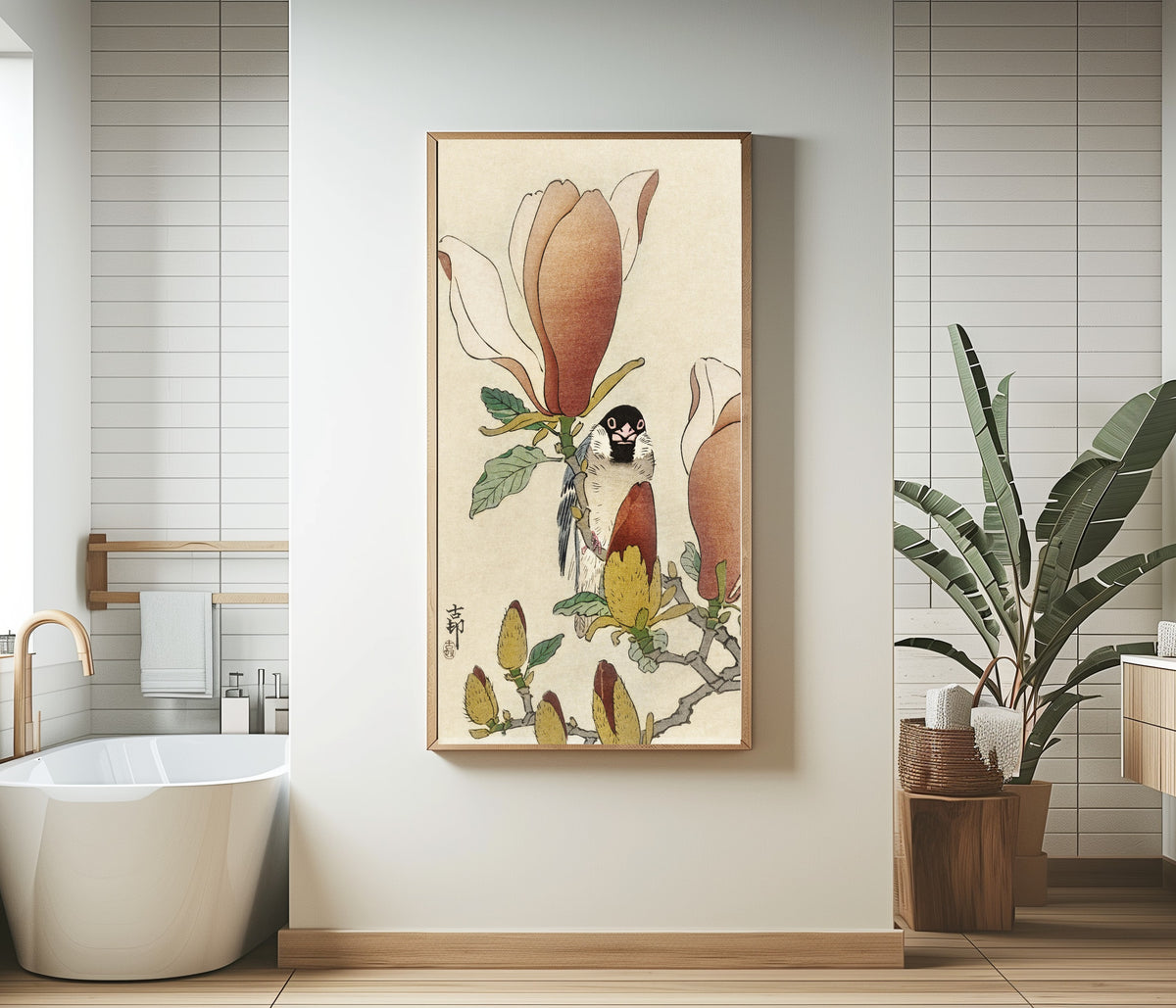 Ohara Koson — Sparrow on Blooming Magnolia Branch | Japanese Bird & Flower Woodblock Print