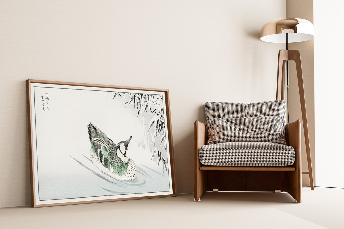 Numata Kashū — Spectacled Teal and Snow-bent Bamboo | Japanese Bird & Flower Woodblock Print