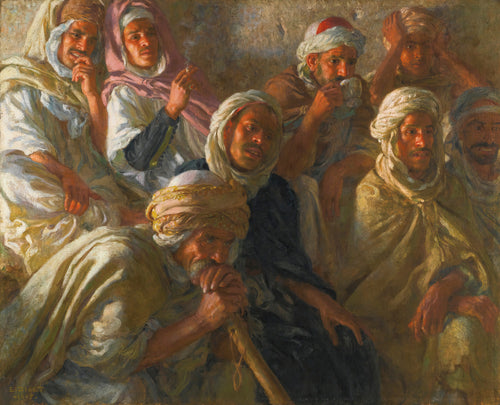 Spectateurs admirant une danseuse by Étienne Dinet — Eight men in turbans and hoods watch a performance just out of view