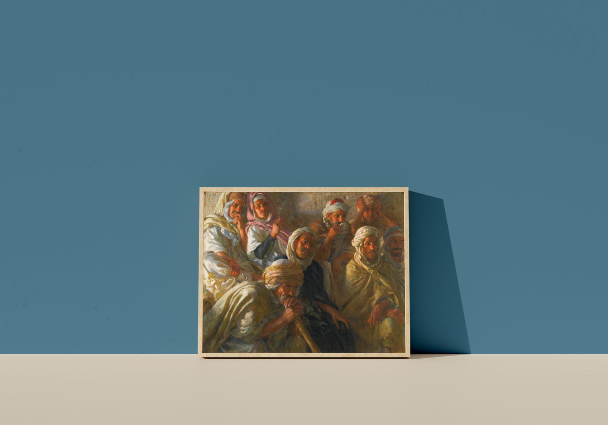 Framed art print of Spectateurs admirant une danseuse by Étienne Dinet, in a light wood frame leaning on a blue wall