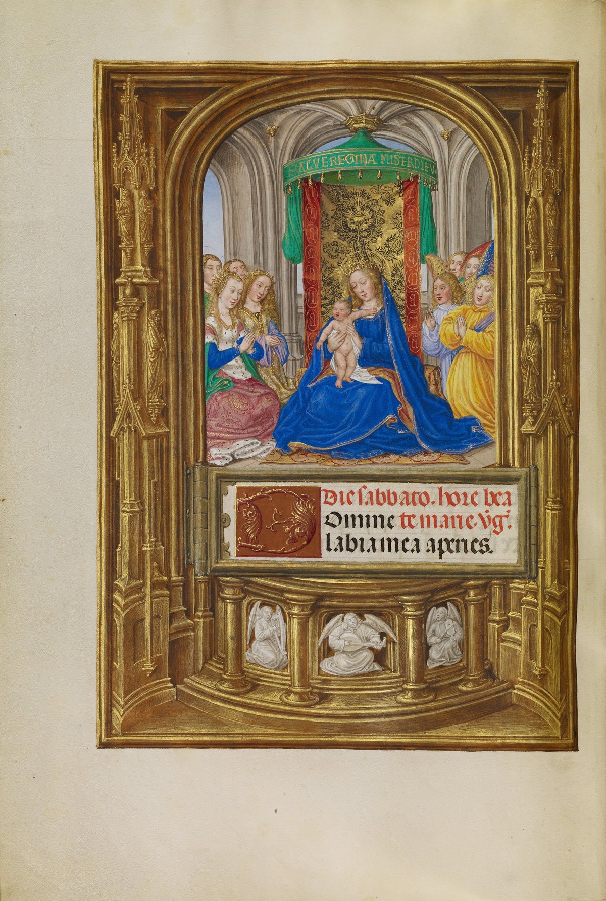 Spinola Hours: The Virgin and Child Enthroned by Master of James IV of Scotland — The crowned Virgin sits under a green canopy inside a golden frame