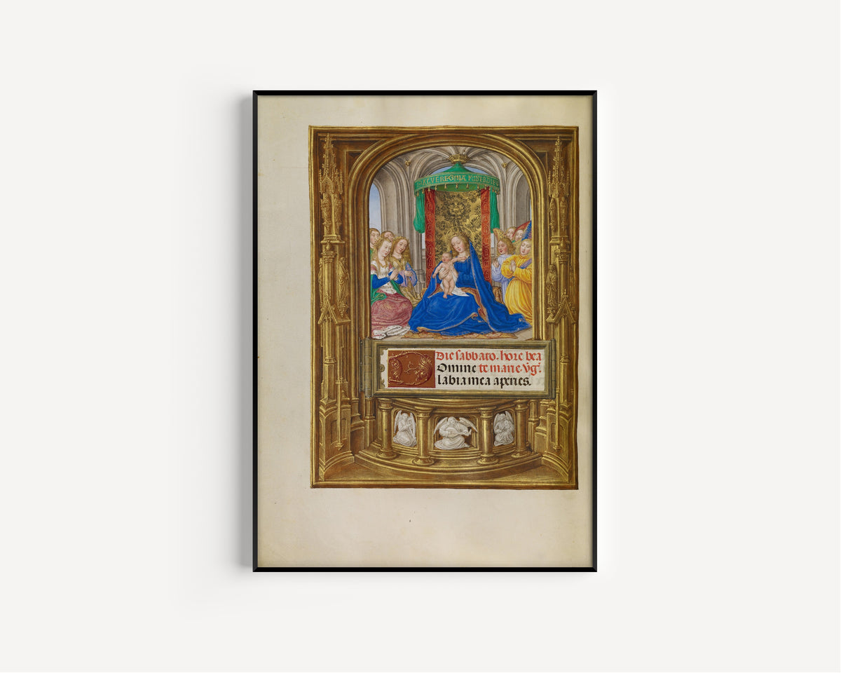Framed art print of Spinola Hours: The Virgin and Child Enthroned by Master of James IV of Scotland, in a slim black frame on a plain white wall
