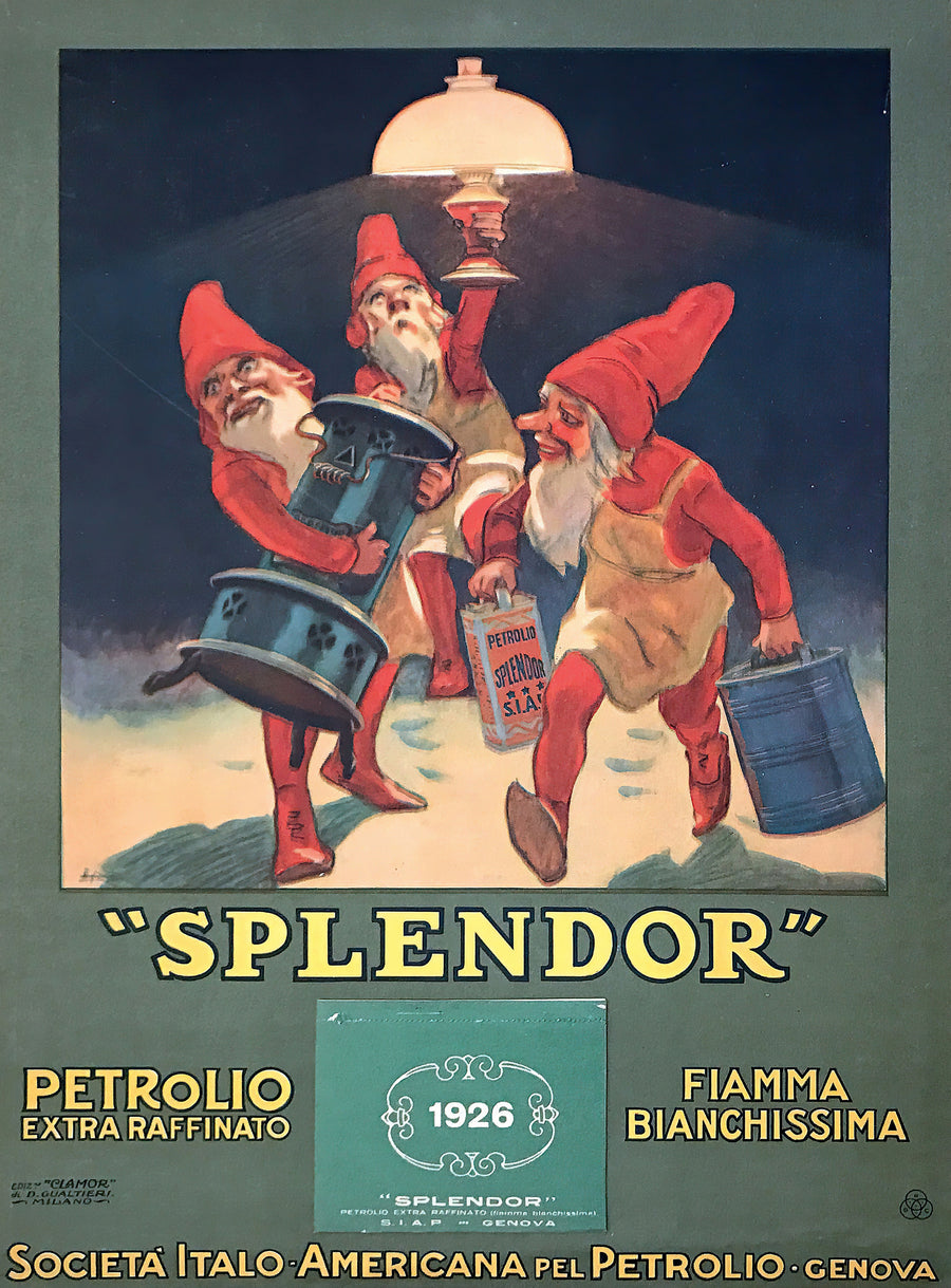 Leopoldo Metlicovitz — Splendor: Petrolio Extra Raffinato, Fiamma Bianchissima | Vintage Poster Print shown to scale on a wall above a sofa