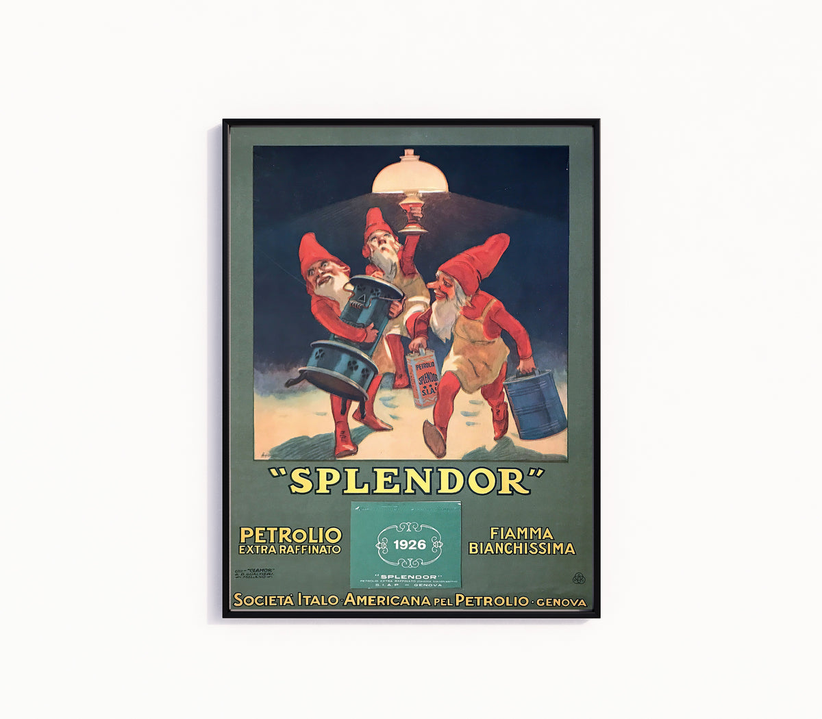 Framed art print of Splendor: Petrolio Extra Raffinato, Fiamma Bianchissima by Leopoldo Metlicovitz, in a slim black frame on a plain white wall