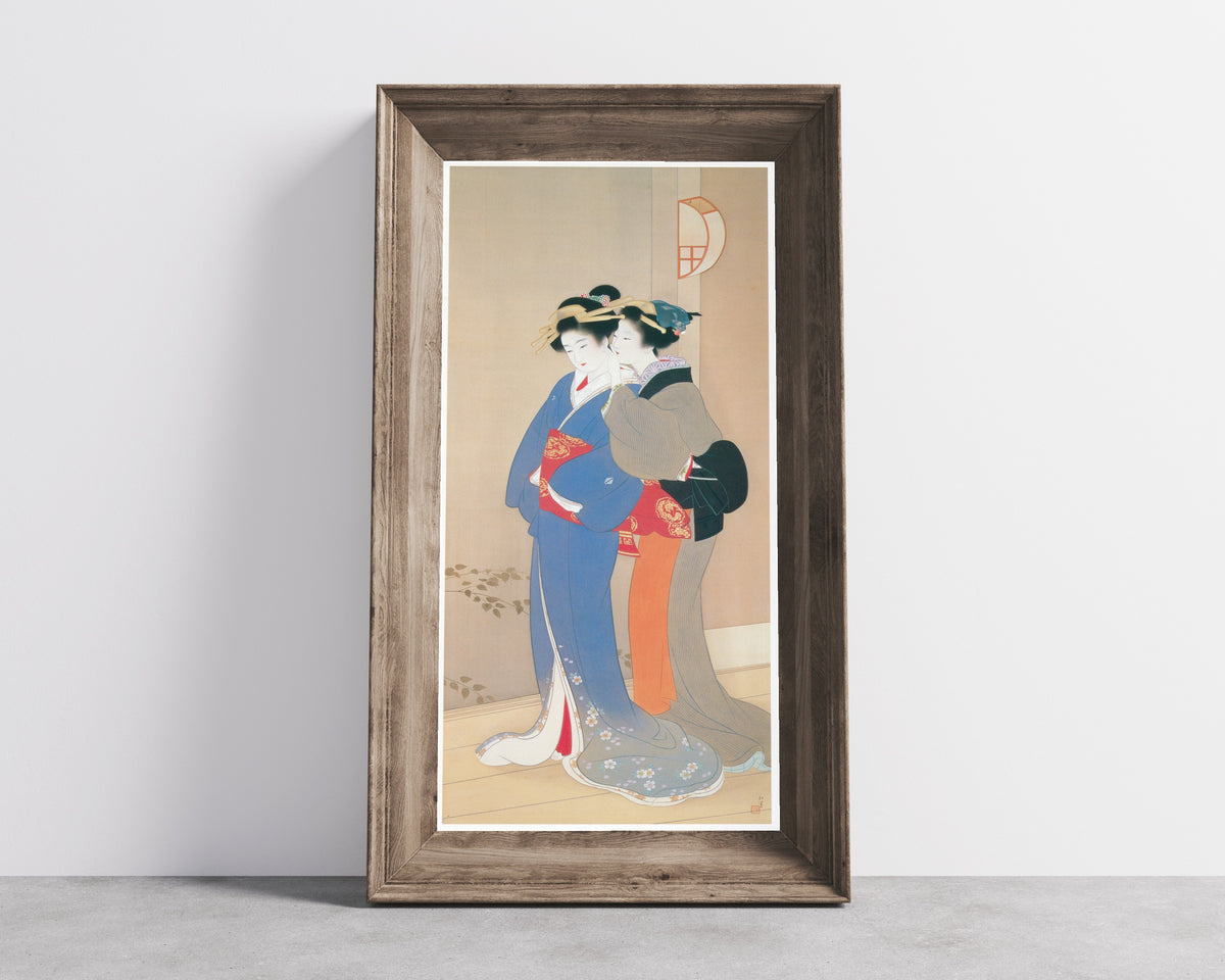 Spring Evening (Shunshō) by Uemura Shōen — shown framed on a wall