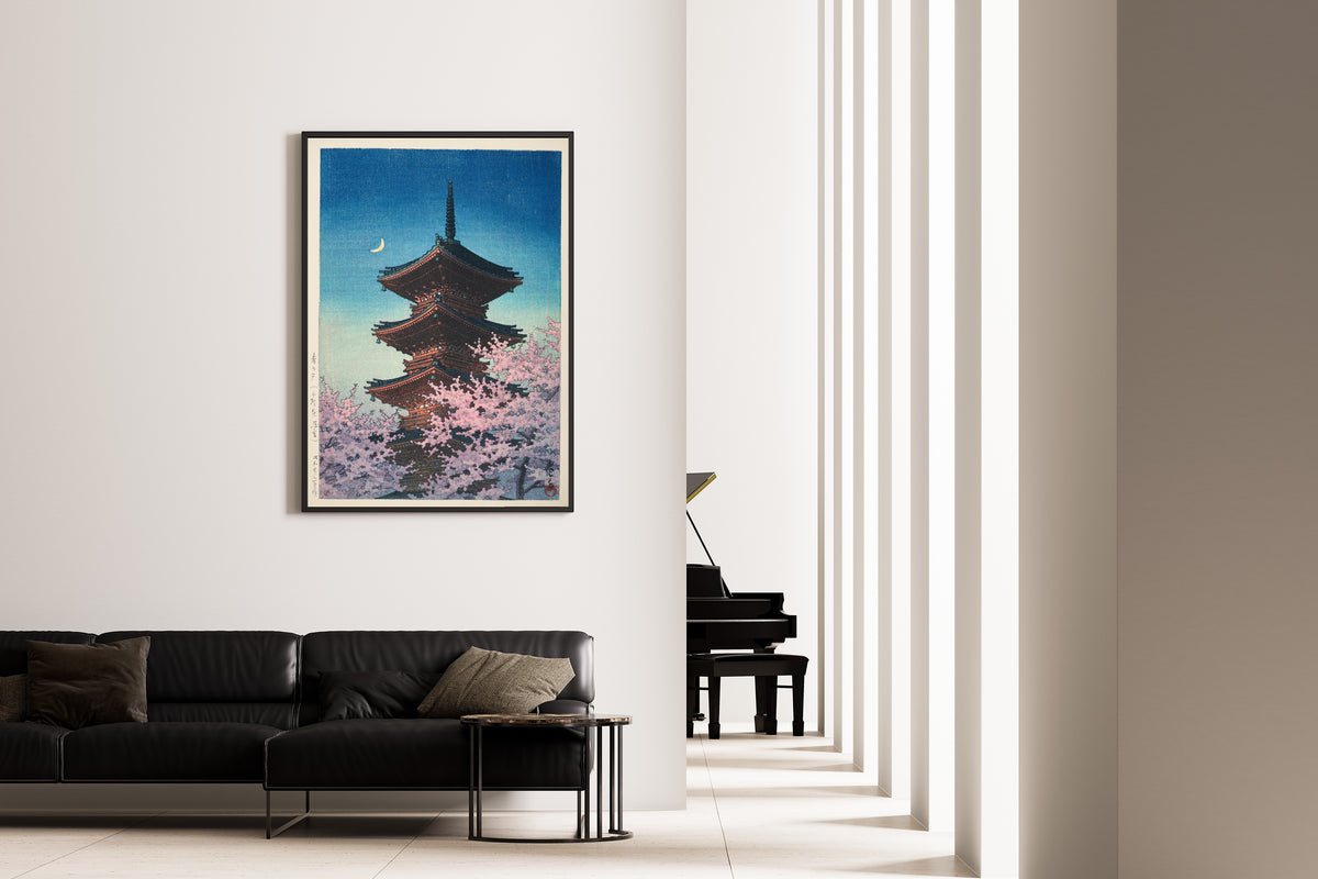 Framed art print of Spring Evening at Toshogu in Ueno by Kawase Hasui, on the wall of a minimal living room