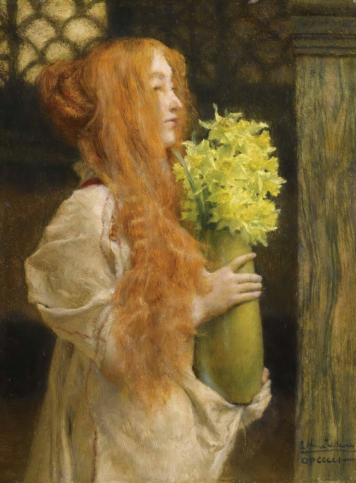 Spring Flowers by Lawrence Alma-Tadema — A red-haired young woman carries a tall vase of yellow daffodils