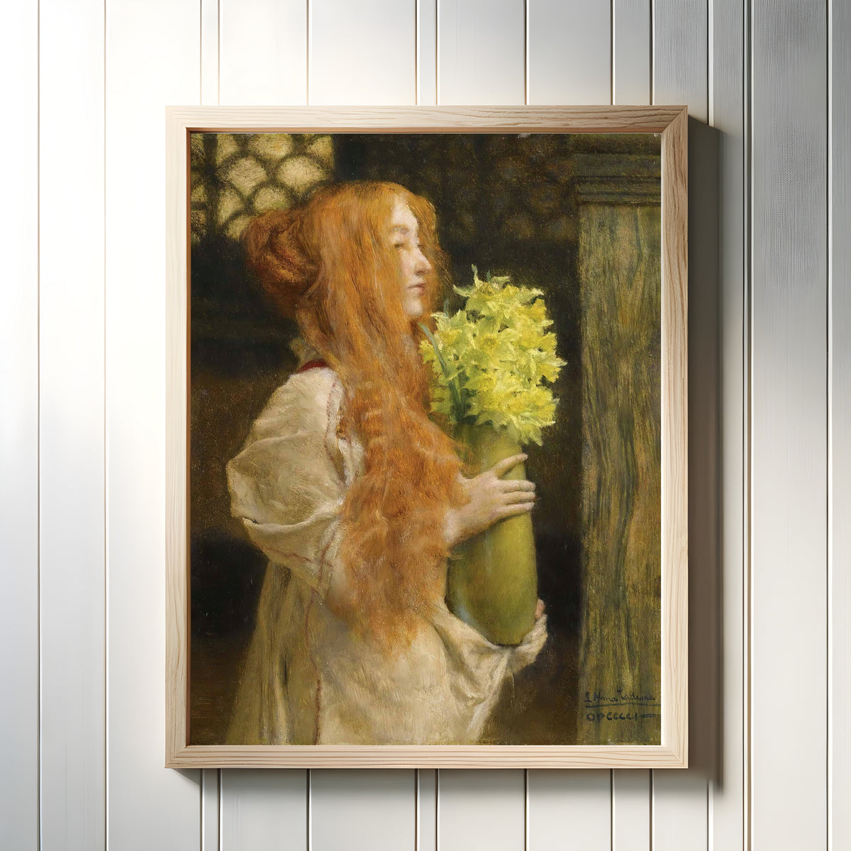 Framed art print of Spring Flowers by Lawrence Alma-Tadema, in a light wood frame on a white panelled wall