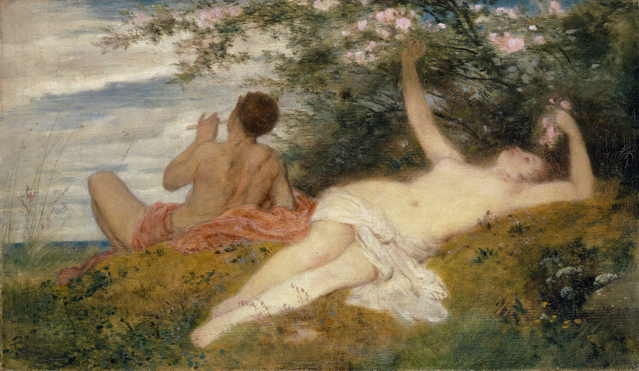 Arnold Böcklin — Spring (Sketch) | Symbolist Art Print shown to scale on a wall above a sofa