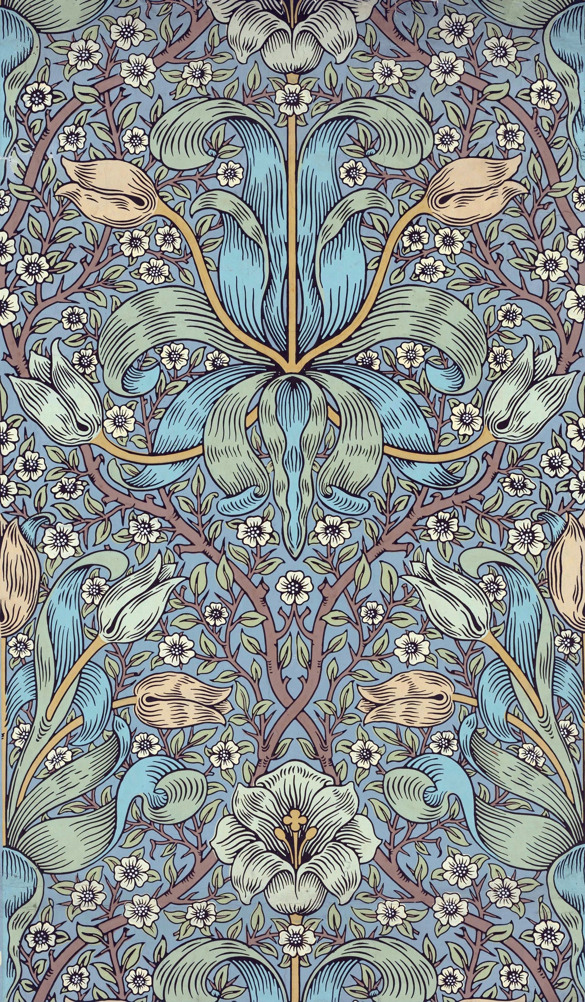 Spring Thicket by William Morris — Curling blue leaves and white blossoms on a slate ground