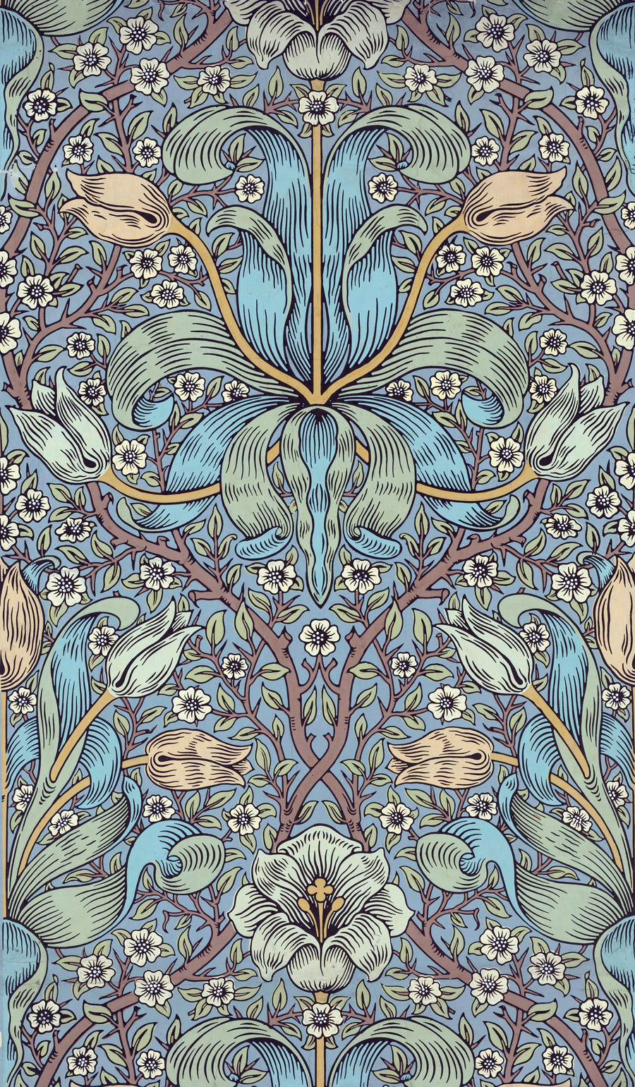 William Morris — Spring Thicket | Botanical Art Print shown to scale on a wall above a sofa