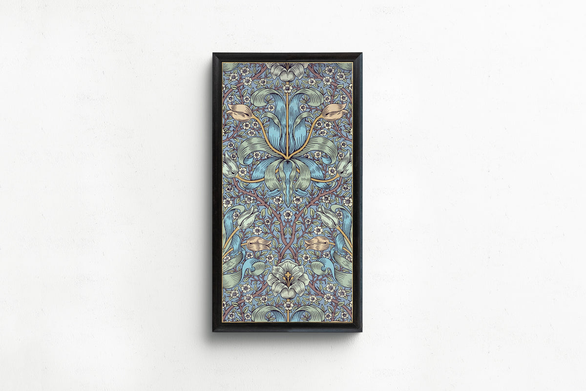 Framed art print of Spring Thicket by William Morris, in a slim black frame on a plain white wall