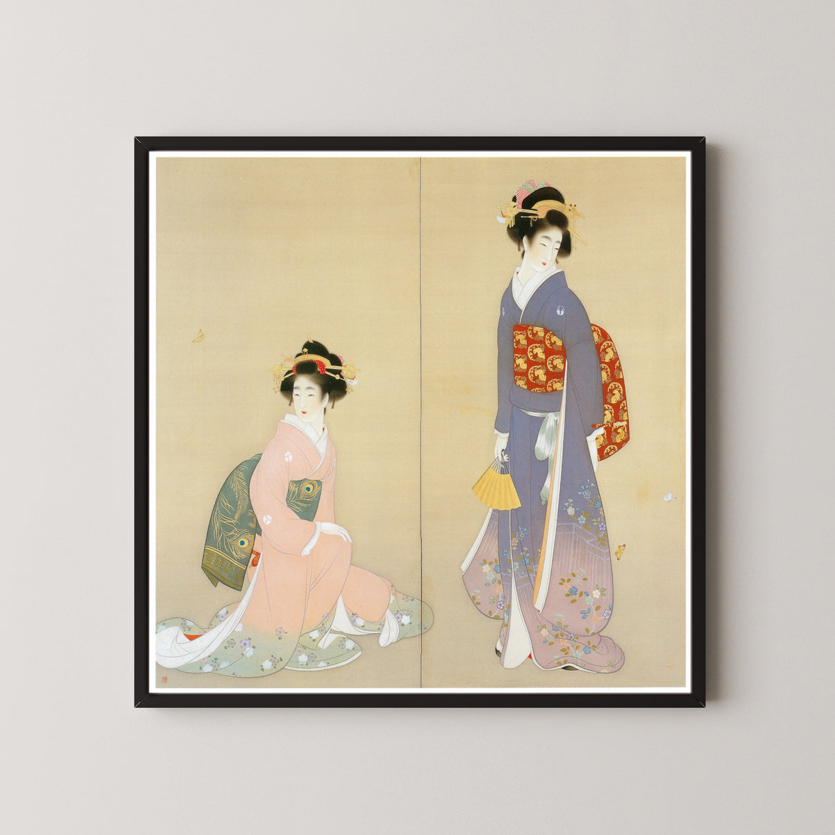 Spring and Autumn (left panel) by Uemura Shōen — shown framed on a wall