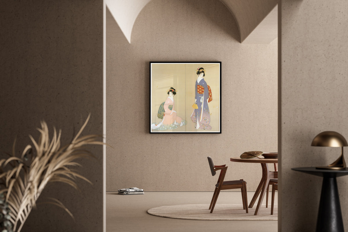 Spring and Autumn (left panel) by Uemura Shōen — shown framed on a wall