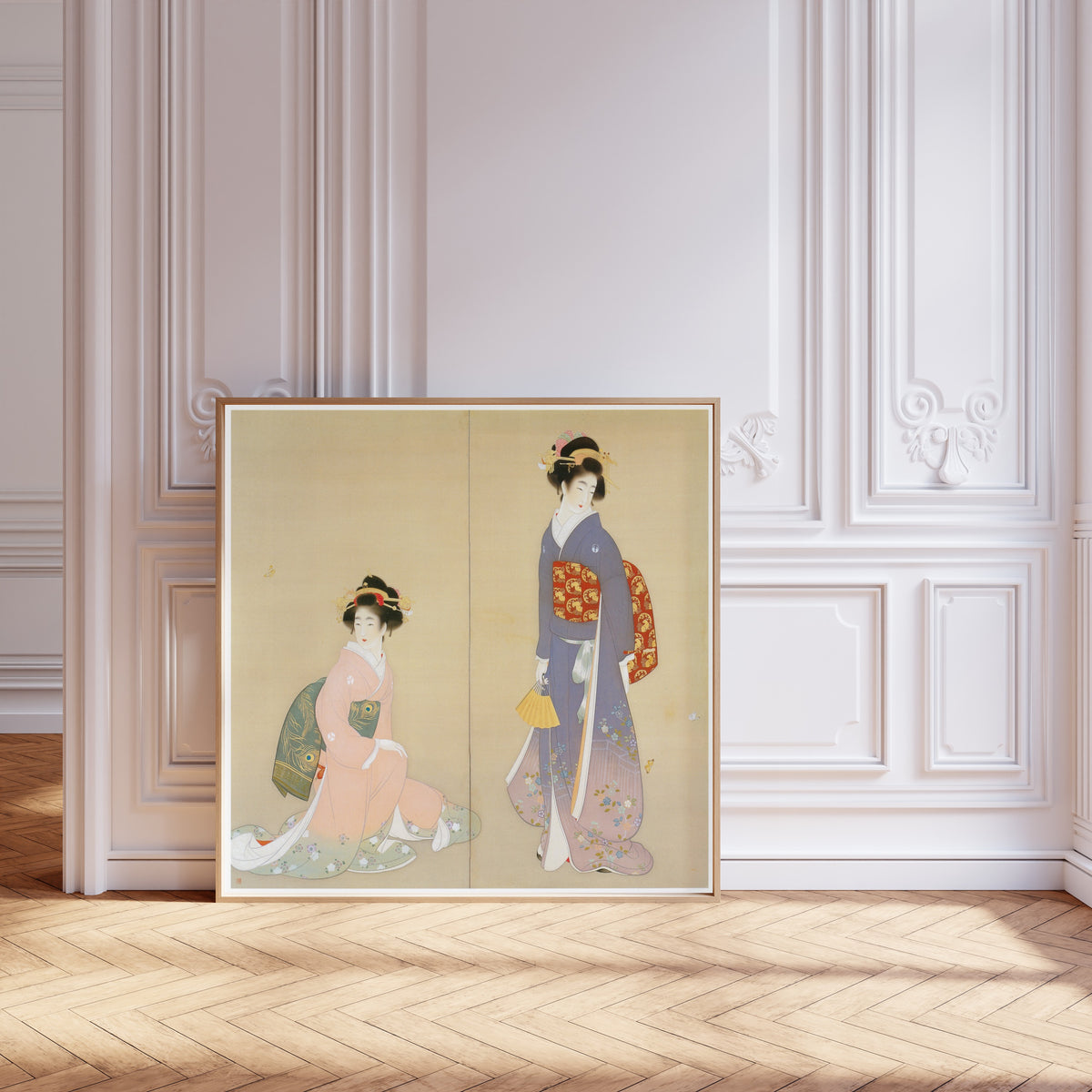 Spring and Autumn (left panel) by Uemura Shōen — shown framed on a wall