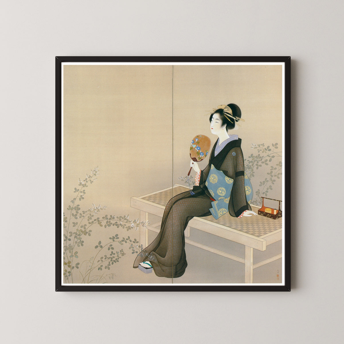 Spring and Autumn (right panel) by Uemura Shōen — shown framed on a wall