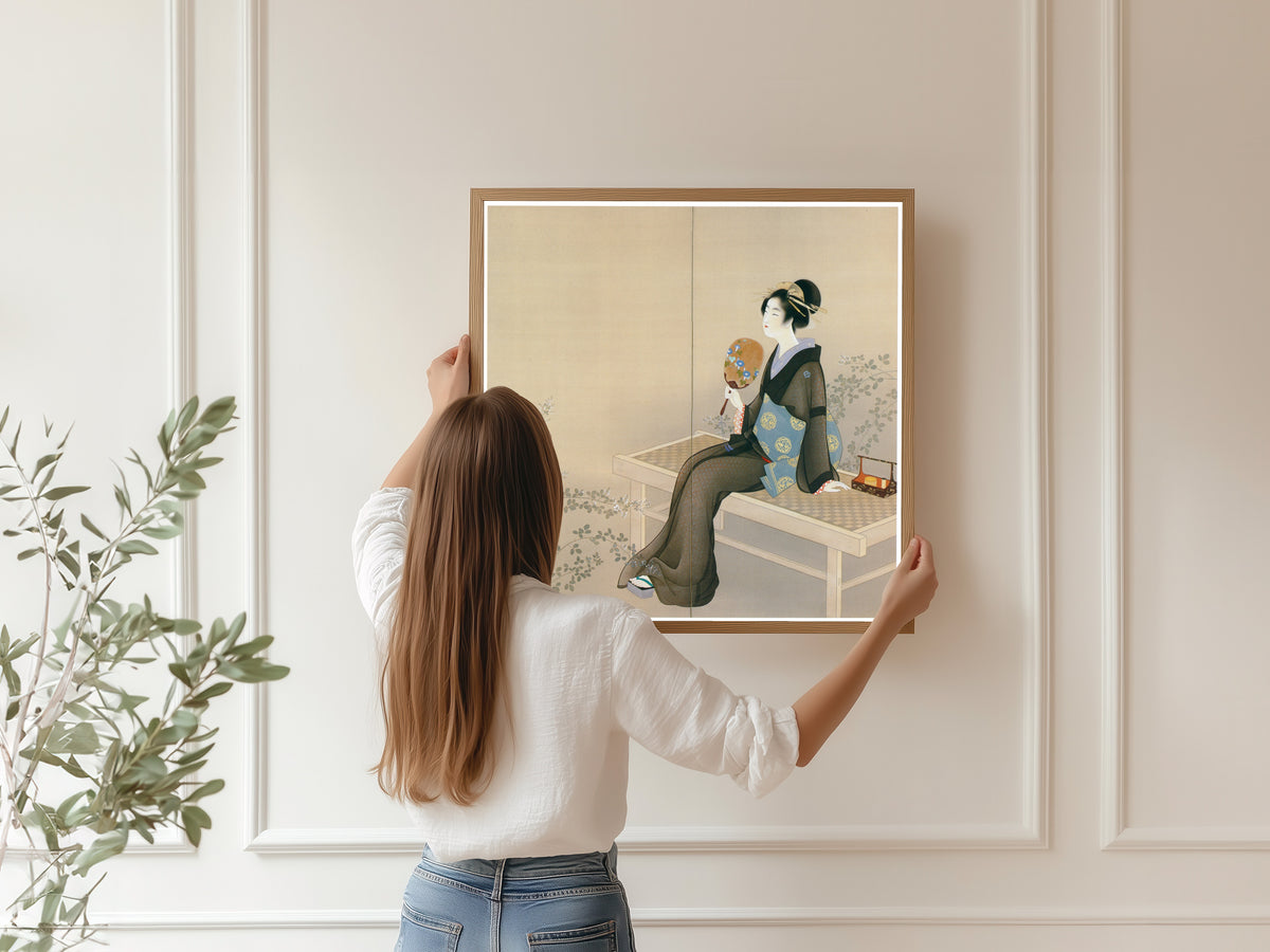 Spring and Autumn (right panel) by Uemura Shōen — shown framed on a wall
