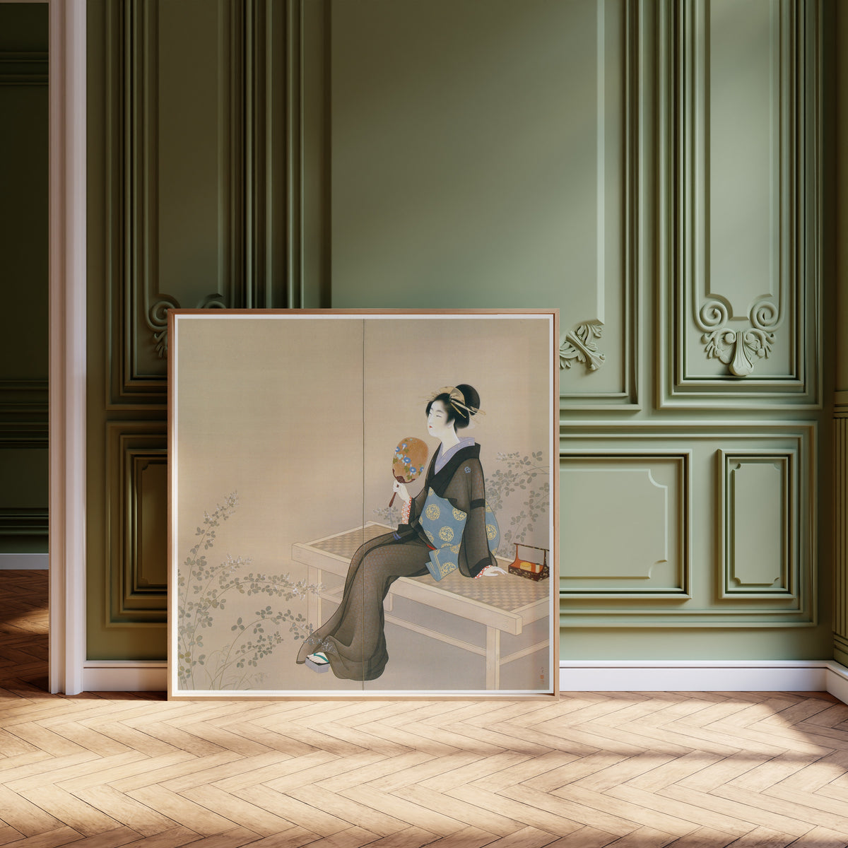 Spring and Autumn (right panel) by Uemura Shōen — shown framed on a wall