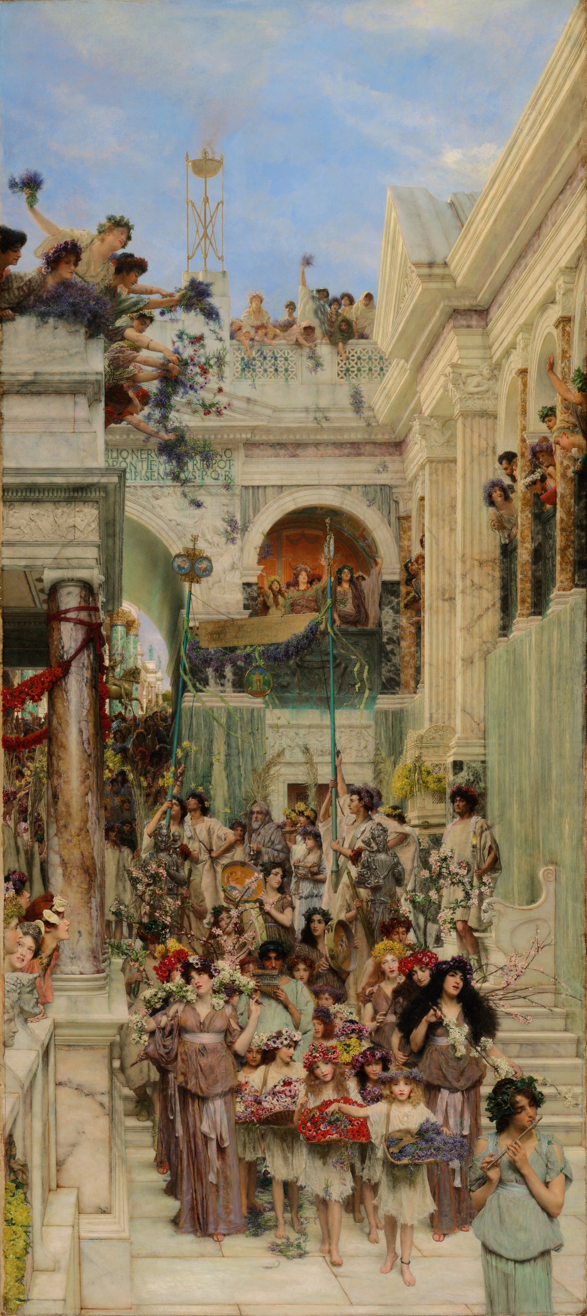 Spring by Lawrence Alma-Tadema — A flower-crowned procession descends the marble steps of a Roman town