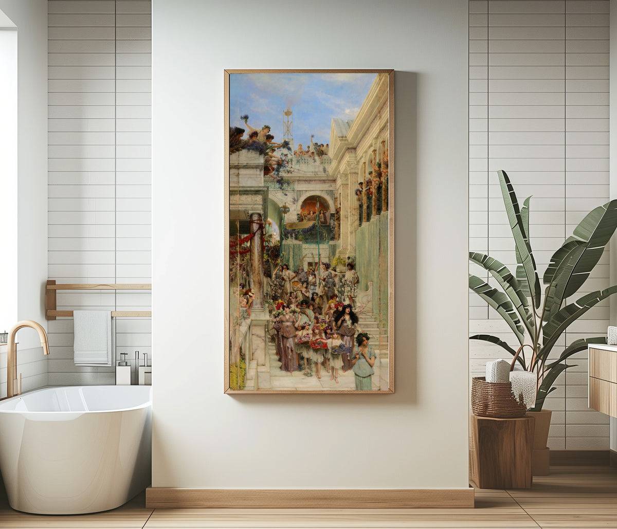 Framed art print of Spring by Lawrence Alma-Tadema, in a bathroom beside a freestanding tub