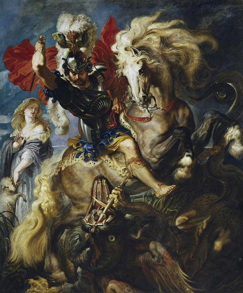 St George Battles the Dragon by Peter Paul Rubens — A plumed knight on a rearing white horse battles a dragon