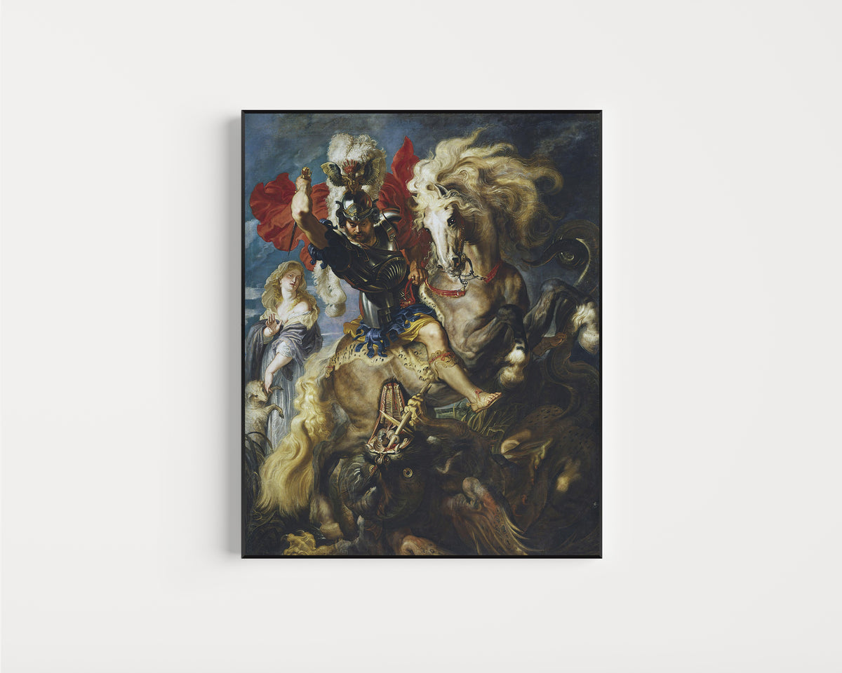 Framed art print of St George Battles the Dragon by Peter Paul Rubens, in a slim black frame on a plain white wall
