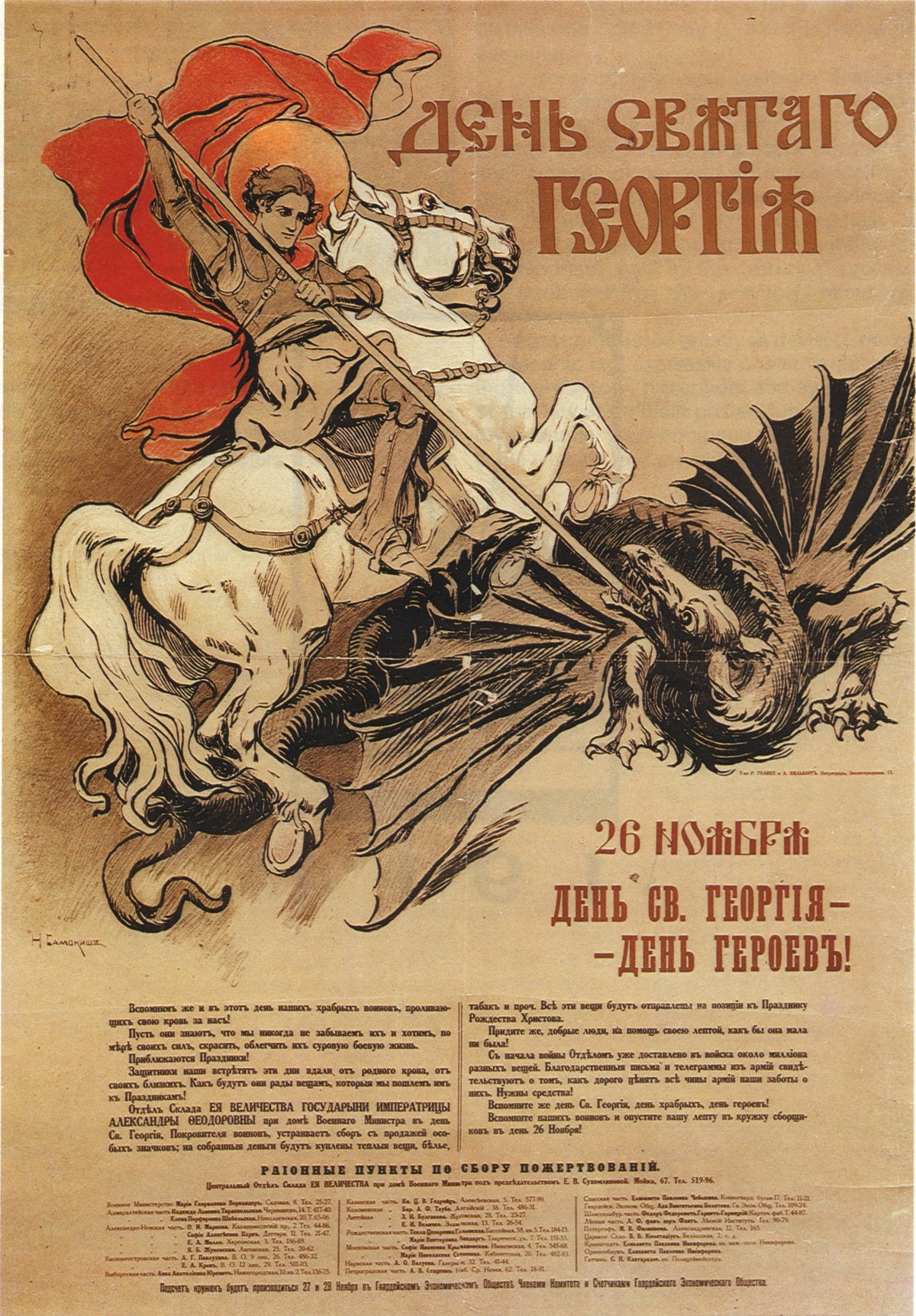 St George's Day by Nikolai Samokysh — St George on a white horse spears a dragon