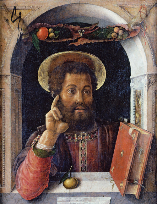 St Mark the Evangelist by Andrea Mantegna — A haloed evangelist at an arched window raises a finger by a red book