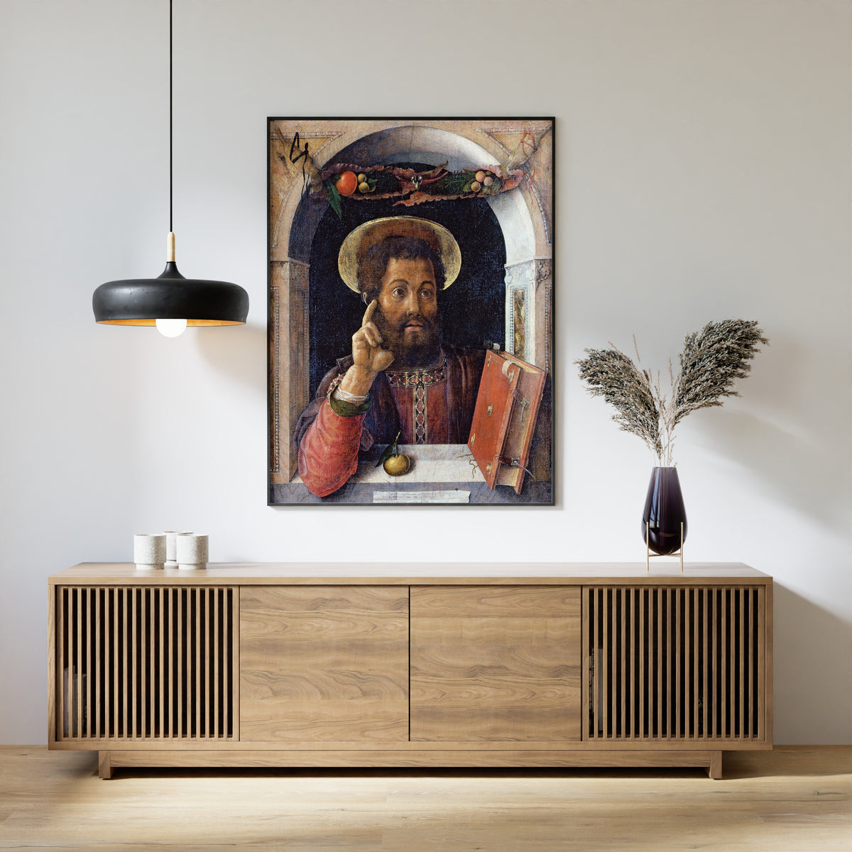 Framed art print of St Mark the Evangelist by Andrea Mantegna, above a slatted wood sideboard