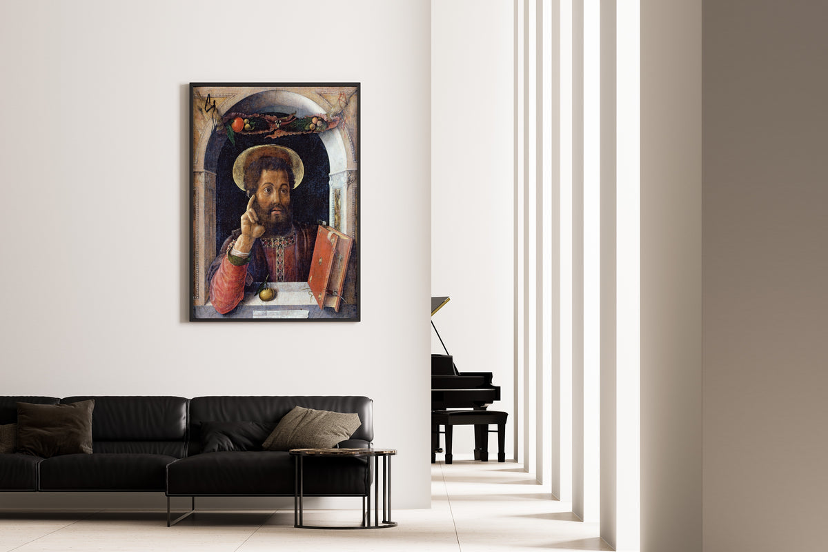 Framed art print of St Mark the Evangelist by Andrea Mantegna, on the wall of a minimal living room