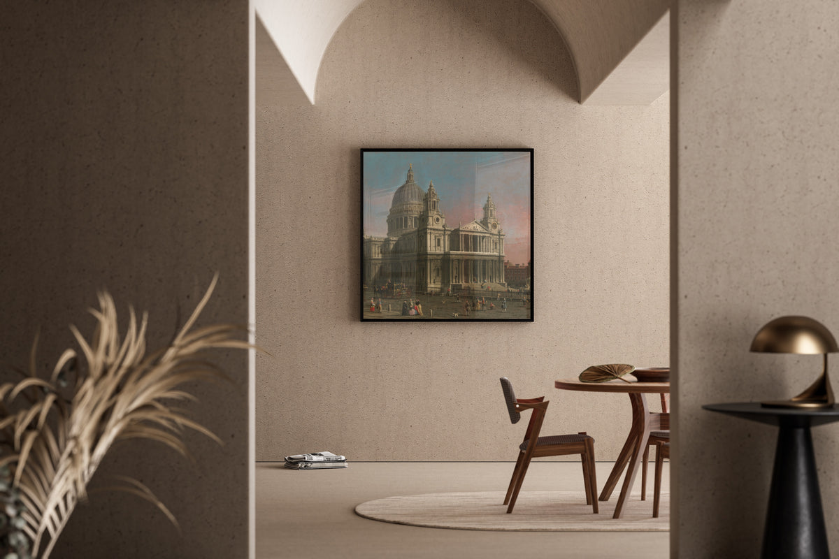 Framed art print of St. Paul’s Cathedral by Canaletto, in a sunlit dining corner