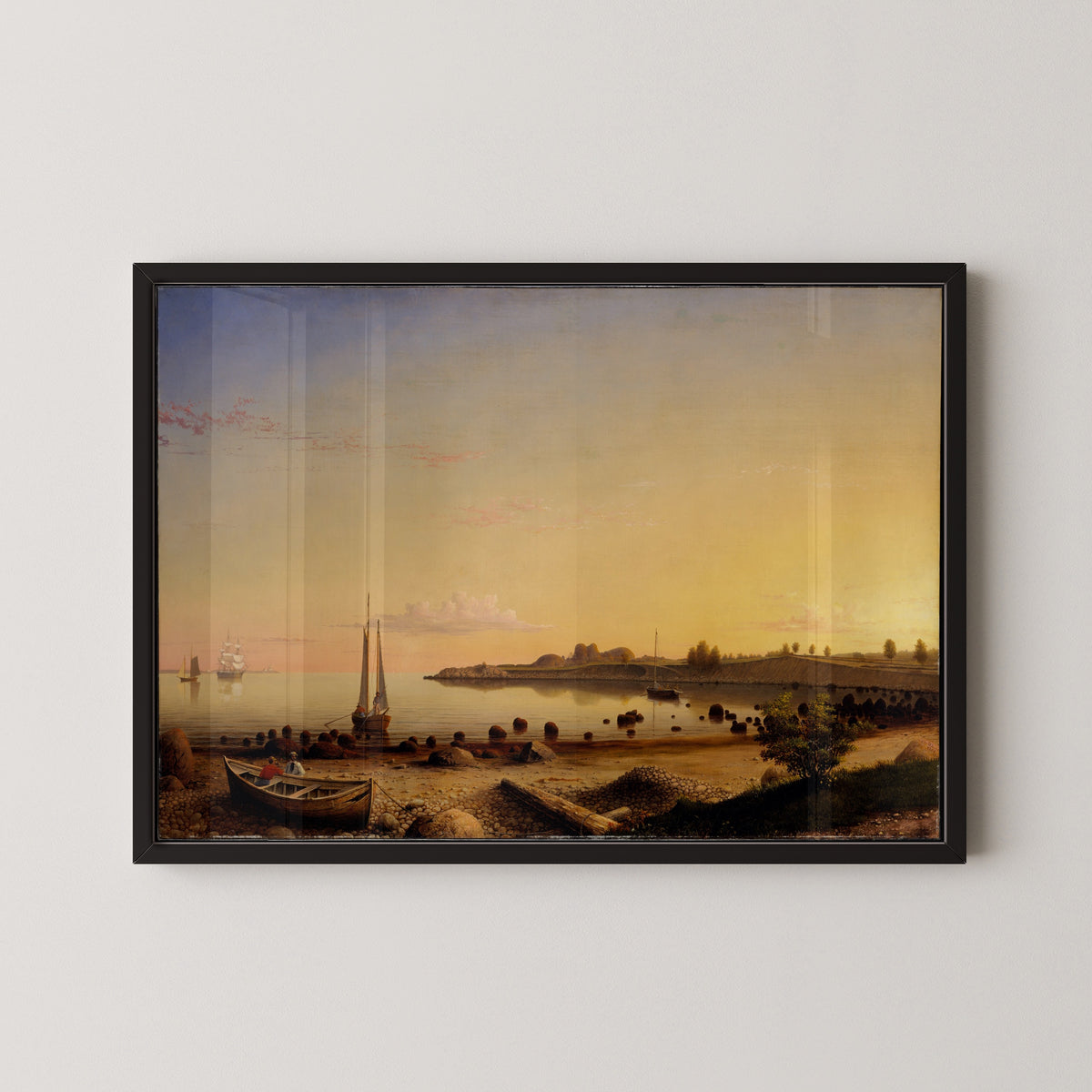 Stage Fort across Gloucester Harbor by Fitz Henry Lane — in a black frame on a pale wall