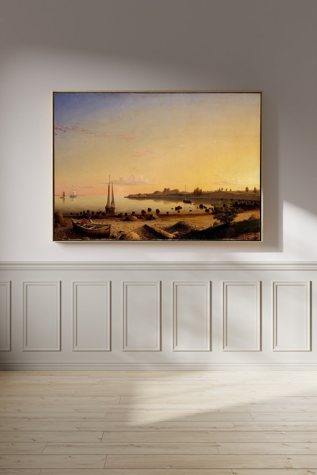 Stage Fort across Gloucester Harbor by Fitz Henry Lane — framed on a panelled wall in afternoon light